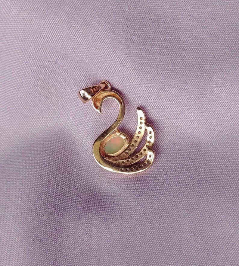 Vintage Rose Gold over Sterling Silver Petite Swan Pendant with Genuine Fire Opal and Pave Cubic Zirconia Accents