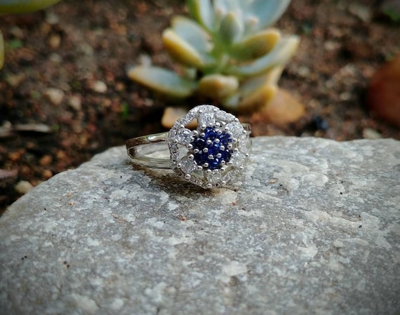 Vintage Blue Sapphire with Natural White Sapphire… - image 1