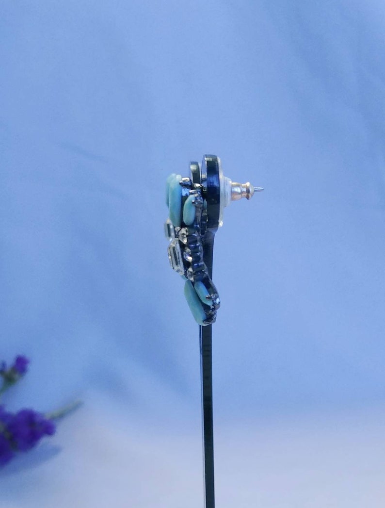 Art Deco Rhinestone and Faux Turquoise Pewter Toned Vintage Silver Estate Post Earrings