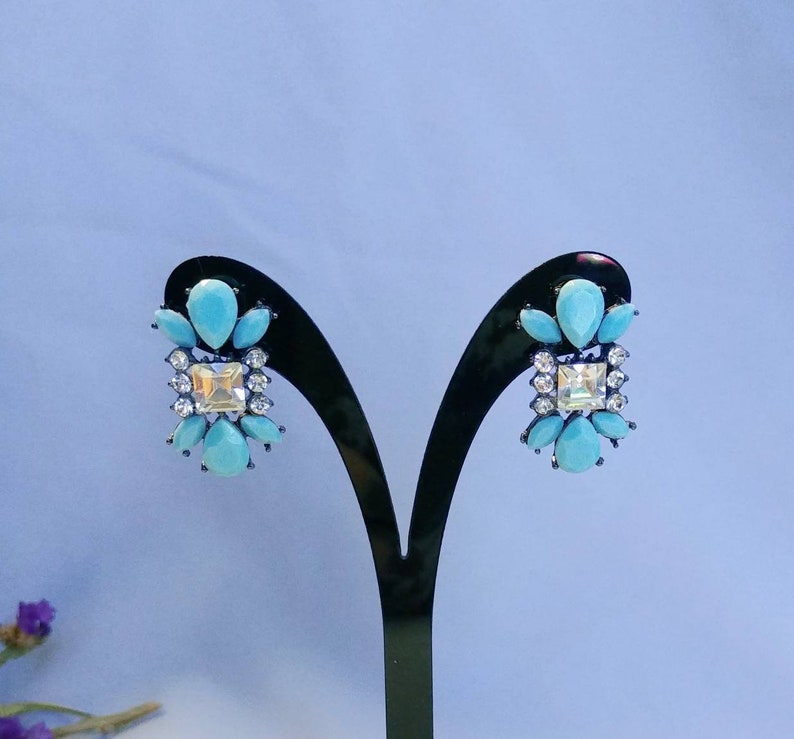 Art Deco Rhinestone and Faux Turquoise Pewter Toned Vintage Silver Estate Post Earrings