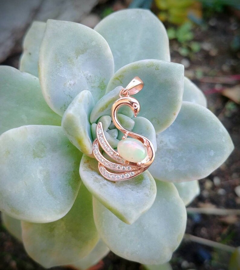 Vintage Rose Gold over Sterling Silver Petite Swan Pendant with Genuine Fire Opal and Pave Cubic Zirconia Accents