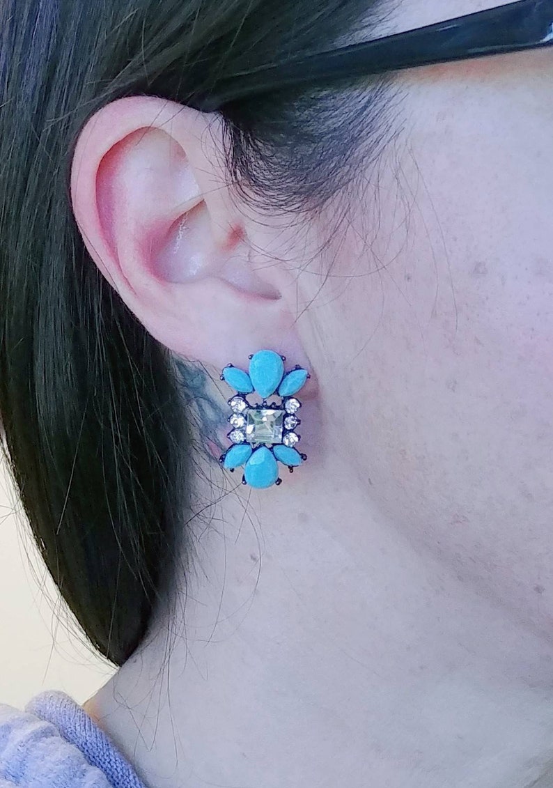 Art Deco Rhinestone and Faux Turquoise Pewter Toned Vintage Silver Estate Post Earrings