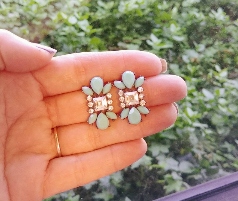 Art Deco Rhinestone and Faux Turquoise Pewter Toned Vintage Silver Estate Post Earrings