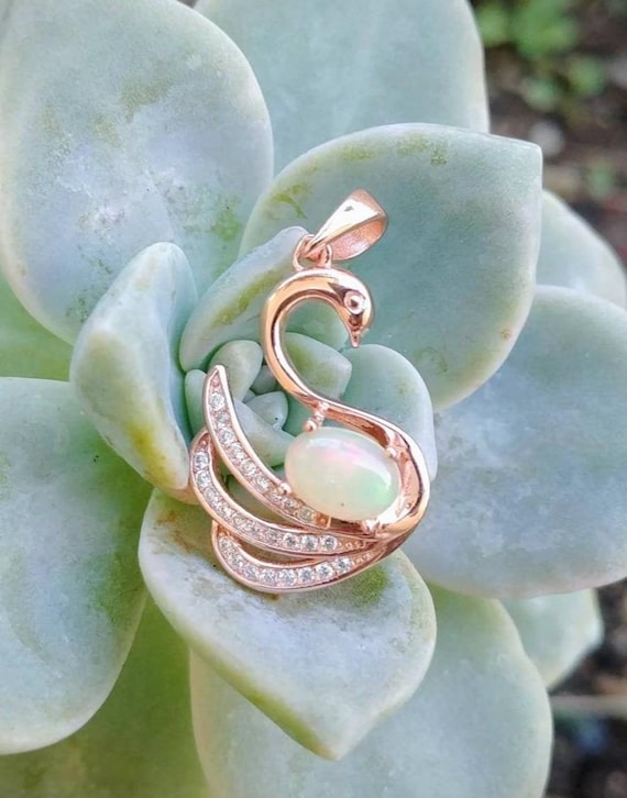 Vintage Petite Swan Opal and CZ Pendant in 10kt Rose Gold Over Sterling Silver