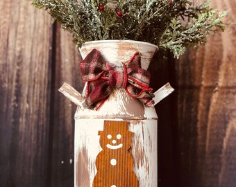 Primitive snowmen decor - Small table Christmas table centerpiece - Rustic snowman milk can decor - Antique white Christmas mantel decor