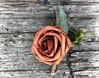 Burnt orange terracotta rose boutonniere for groom or groomsmen large, Bridal party boutonnieres, Terracotta wedding, Burnt orange wedding