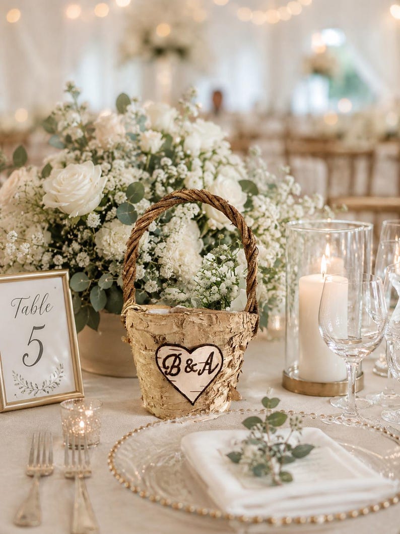 May include: A wedding table setting with a birch bark basket featuring a heart with "B&A" initials, surrounded by white roses and baby's breath. A framed table number 5, candles, and glassware complete the elegant decor.