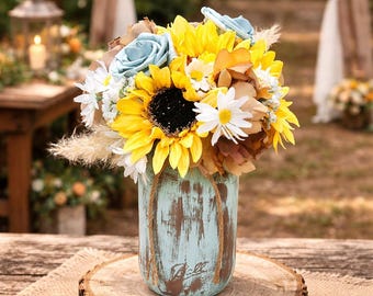 Sunflower centerpiece - Rustic wedding centerpieces for tables sunflower and baby blue wedding- Painted mason jars- Sunflower baby shower