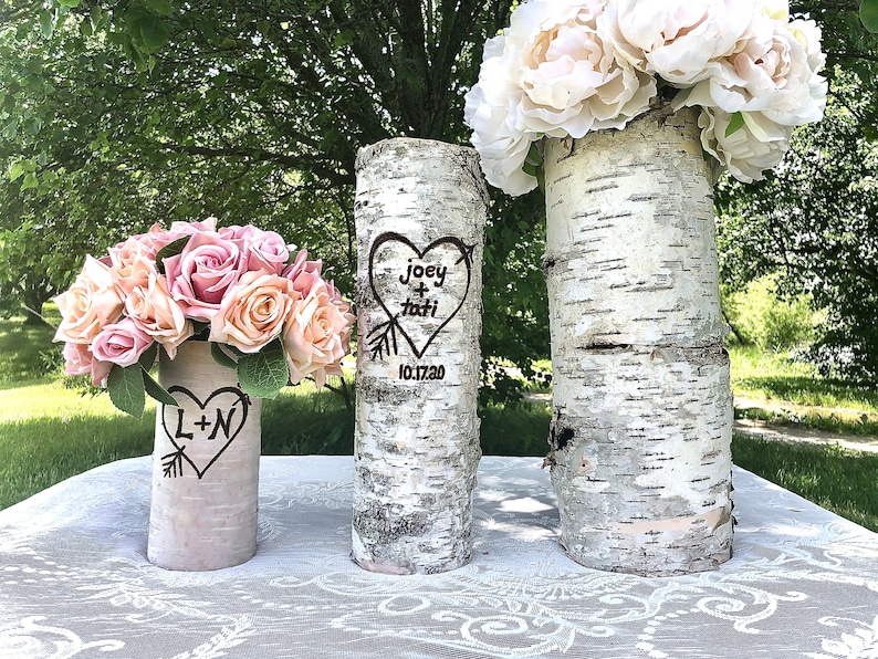 12, 14, 16 inch birch bark vases for wedding Personalized wedding gift for couple Tall wedding centerpieces for table Sweetheart table decor image 5