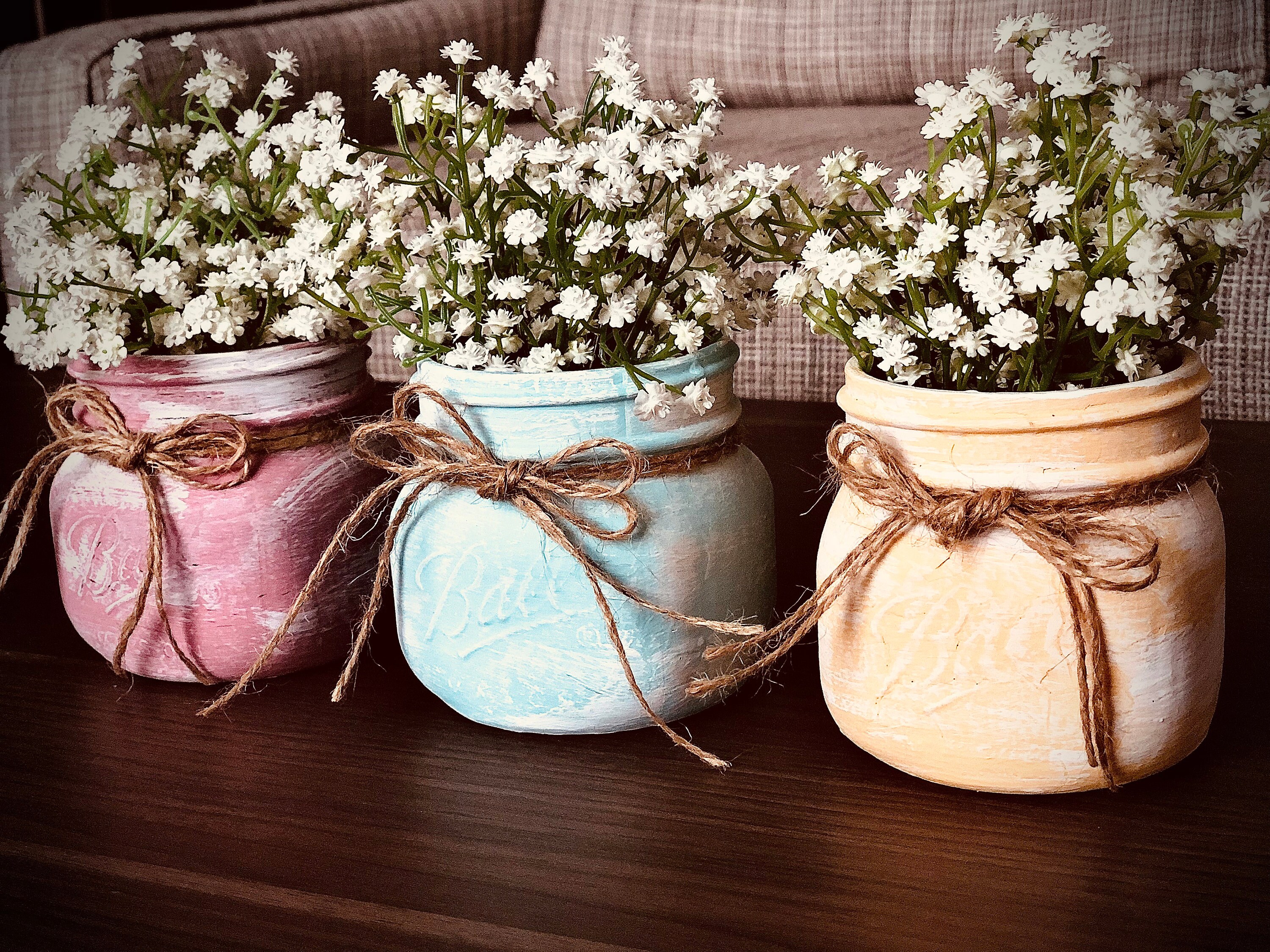 Fall mason jar decor with artificial maple leaves bush