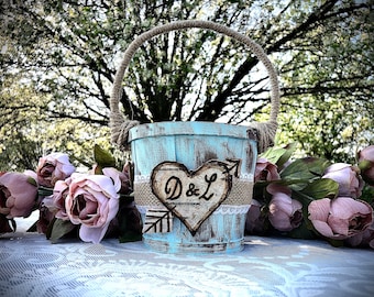 Rustic Flower Girl Basket- Flower girl accessories teal light blue - light blue flower girl baskets and ring boxes- Teal light blue wedding