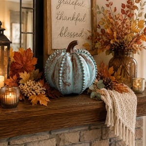 Rustic blue pumpkin decor -Fall decor for mantle-Distressed medium pumpkin-Neutral fall decor-Rustic fall decor pumpkins for mantle kitchen