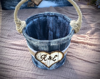 Navy blue flower girl basket with engraved birch heart, Navy flower girl, Personalized basket navy royal blue , Dark blue wedding decor,