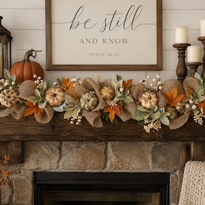 Primitive pumpkin fall garland for mantle | Fall table runner | Autumn table runner with burlap bows and rustic pumpkins|3ft 6ft 9ft garland