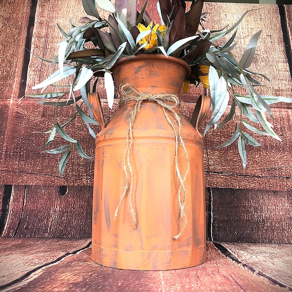 Milk can large with fall floral arrangement and sunflowers-Fall outdoor decorations for porch-Burnt orange fall decor- Primitive fall decor