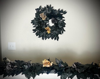 Halloween door garland | Halloween outdoor decor | Gothic decor | Halloween garland and wreath set | 12ft black ficus fall garland