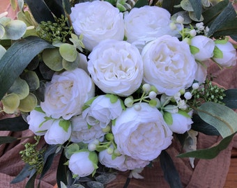 Classic white peony greenery wedding bouquet, Boho bridal bouquet, Traditional white wedding bouquet, White wedding affordable bouquets