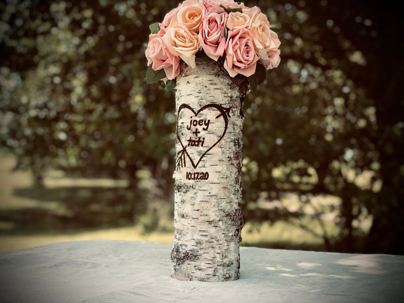 12, 14, 16 inch birch bark vases for wedding Personalized wedding gift for couple Tall wedding centerpieces for table Sweetheart table decor image 1