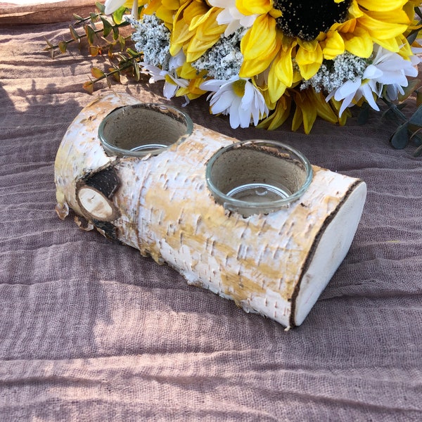 Birch bark log candle holder with glass votives, Rustic wedding table decor, Rustic candle display, Rustic reception decor, Wood log