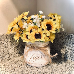 Farmhouse mason jar | Rustic mason jar sunflower centerpiece | Rustic wedding center pieces for tables | Sunflower decor for kitchen sill