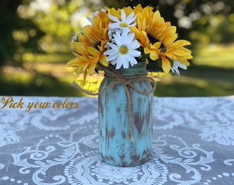 Sunflower centerpiece - Rustic wedding centerpieces for tables- Painted mason jars- Rustic home decor mason jar - Sunflower baby shower