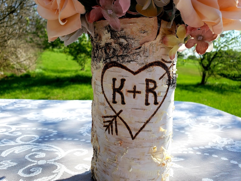 12, 14, 16 inch birch bark vases for wedding Personalized wedding gift for couple Tall wedding centerpieces for table Sweetheart table decor image 7