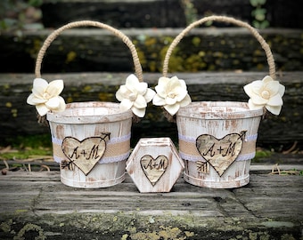 Rustic wedding flower girl basket set of two with ring box | Personalized custom flower girl accessories with sola wood flowers custom color