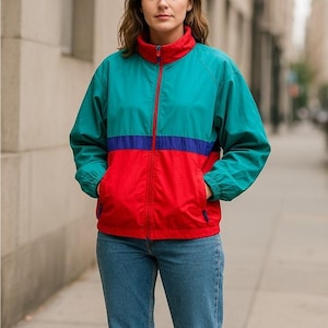 May include: A color-blocked jacket in teal, red, and blue. The jacket has a high collar, a full-length zipper, and pockets. The sleeves are long, and the jacket is worn with blue jeans. The jacket is a retro style.