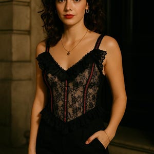 NWOT 1990s Vintage Black Lace Teddy Bodysuit – Ruffled Hem with Red Ribbon Accents (Size M)
