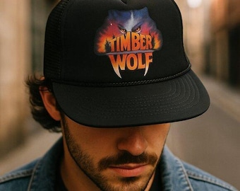 Vintage 80s Timber Wolf Trucker Hat – Black Mesh Snapback Cap, Graphic Wolf Logo