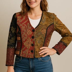 May include: A multi-colored jacket with a floral pattern. The jacket features a V-neck, black buttons, and a mix of red, green, and gold tones. The sleeves have a patterned design.
