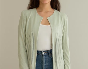 Blusa vintage *em francês* da Huey Waltzer com contas em tons pastéis azul-petróleo – Top da coleção de estilistas dos anos 90 (tamanho M)