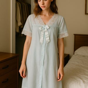 Vintage Shadowline Light Blue-Sage Sheer Lace Nightgown – 1980s Romantic Sleepwear, Size M