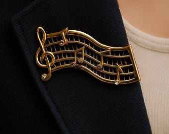 Broche Ensemble Musical Vintage Années 80 - Métal Doré - Occasion - Style Fantaisie