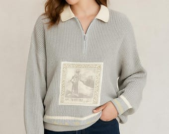 Vintage Badge Quarter Zip 70s/80s Graphic Sweater – Ski Resort Patch, Ribbed Knit, Size Large