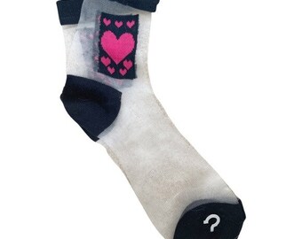 Vintage Heart Mesh Socks: White with Black & Pink Accents