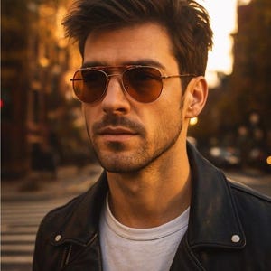May include: Aviator-style sunglasses with brown tinted lenses and a gold-colored frame. The sunglasses have a double bridge and a brow bar. The person in the image is wearing a black leather jacket and a white t-shirt.