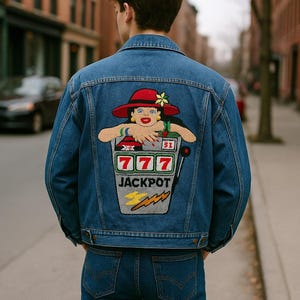 Könnte beinhalten: Jeansjacke und Jeans-Outfit. Die Jacke hat ein farbenfrohes Stickdesign auf dem Rücken, das eine Frau mit rotem Hut und einen Spielautomaten mit dem Wort "JACKPOT" zeigt. Ein klassischer, lässiger Stil.