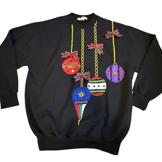 Vntg Kris Michele Black Christmas Ornament Sweatshirt Plaid Bows Sequins Beads View 2