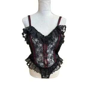 NWOT 1990s Vintage Black Lace Teddy Bodysuit – Ruffled Hem with Red Ribbon Accents (Size M)
