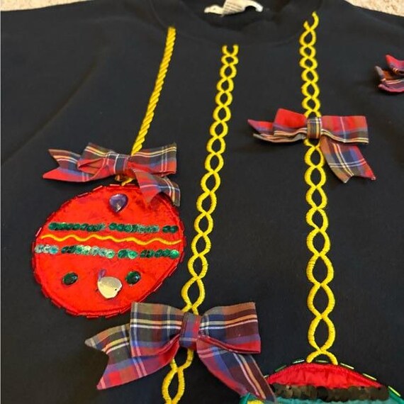 Vntg Kris Michele Black Christmas Ornament Sweatshirt Plaid Bows Sequins Beads View 6