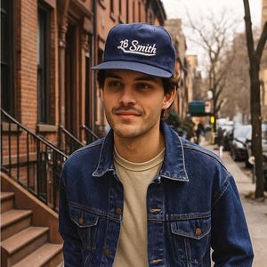 May include: A navy blue baseball cap with the text "JB Smith" in white script. The cap is worn with a denim jacket and a light-colored shirt. The image is taken outdoors.