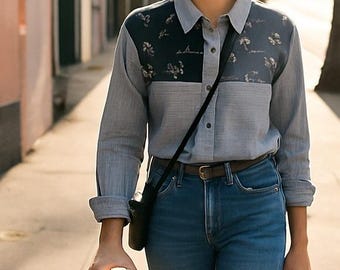Camisa vintage Tap and Co con bloques de color, flores y rayas, azul y blanca, con botones
