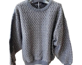 Vintage Grey Knit Leather Stripe Crew Neck Sweater - Index Men's Collection