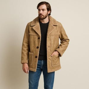 May include: A tan faux-leather coat with a shearling collar and trim. The coat features a button-up front, two front pockets, and is worn over a dark sweater and blue jeans. The coat's design is reminiscent of a classic aviator style.