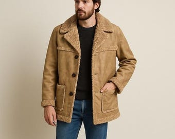 Vtg 70s Fingerhut Faux Shearling Coat Tan Suede-Look Vinyl Sherpa Lined Car Coat