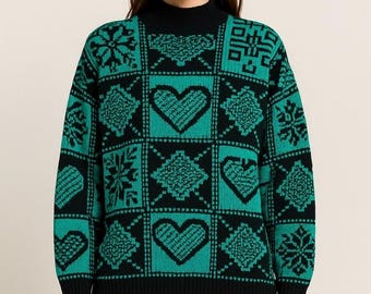 Vintage 80s Knit Sweater: Teal & Black Geometric Pattern - Etsy