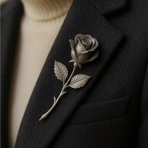May include: A silver-toned rose brooch with detailed petals and leaves, pinned to a dark gray blazer. The brooch is a realistic floral design, adding a touch of elegance to the garment. The blazer has a classic cut and a subtle texture.