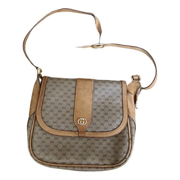 Gucci Vintage Monogram GG PVC Web Crossbody Bag Beige Leather