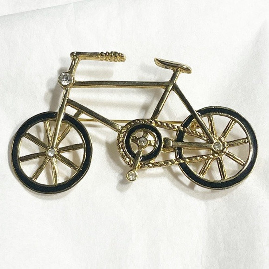 Golden Bike Brooch With CZ and Black Accents Vintage Charm Etsy
